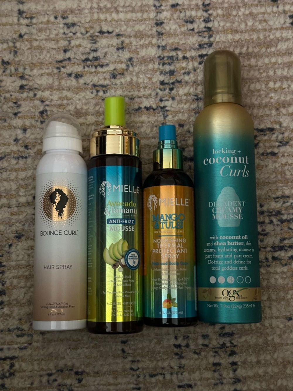 Mielle & OGX Curl Mousses and Protectant Spray - Teal, Gold, White